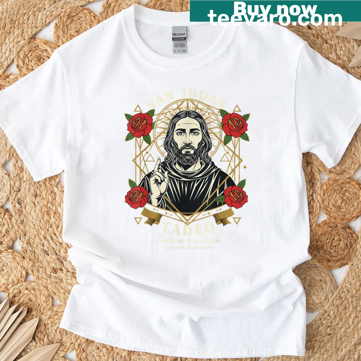 Emblem t-shirt honoring Saint Jude Thaddeus — on a men's t-shirt