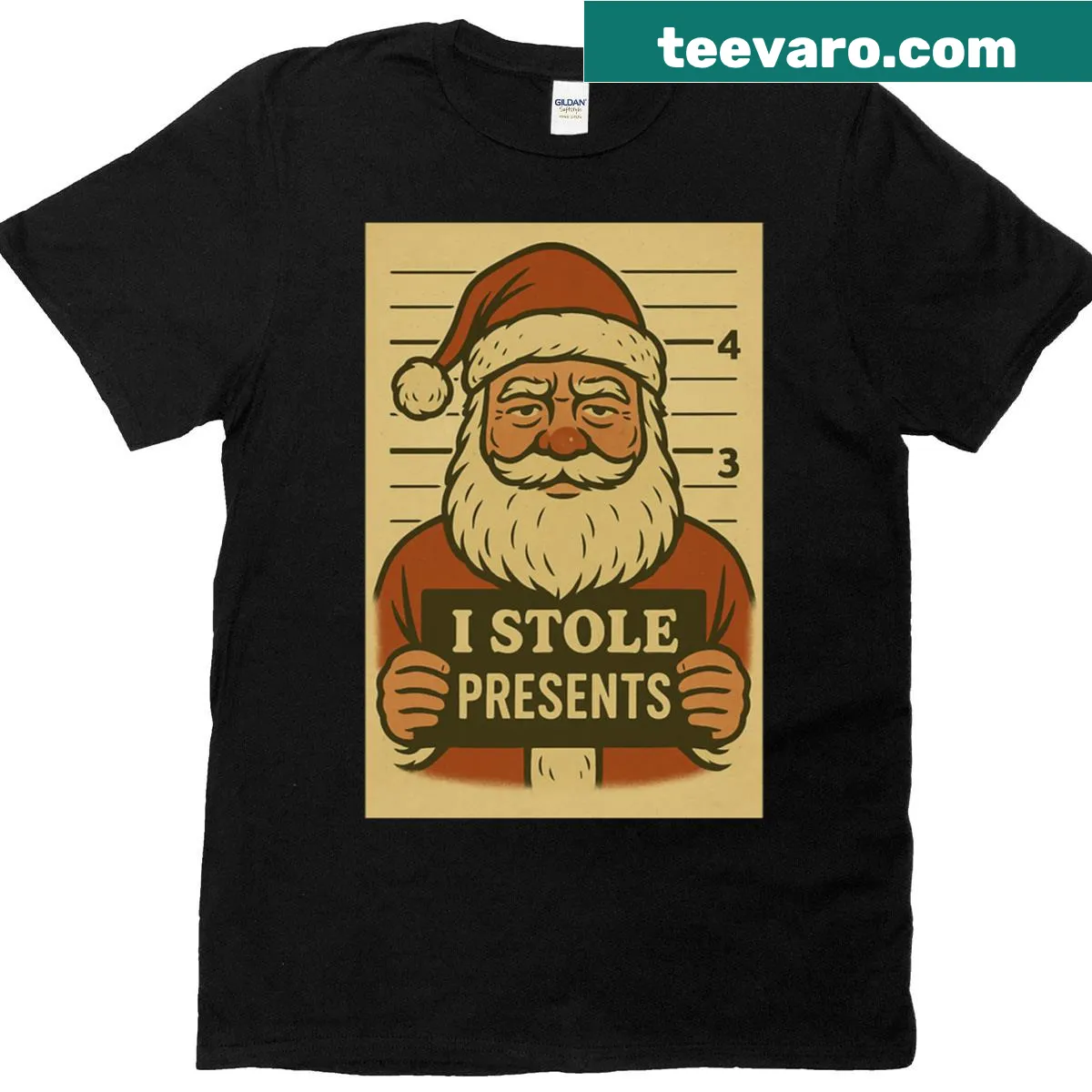 Funny Christmas design featuring a mugshot of Santa and text — on a men's t-shirt