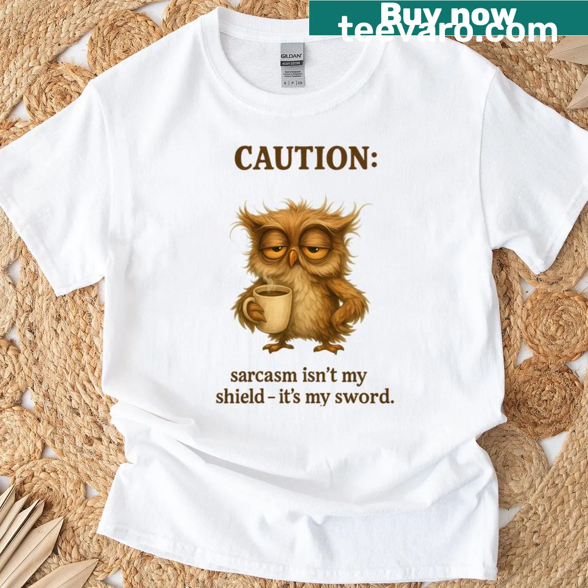 Sarcastic owl graphic t-shirt with a coffee cup — on a men's t-shirt