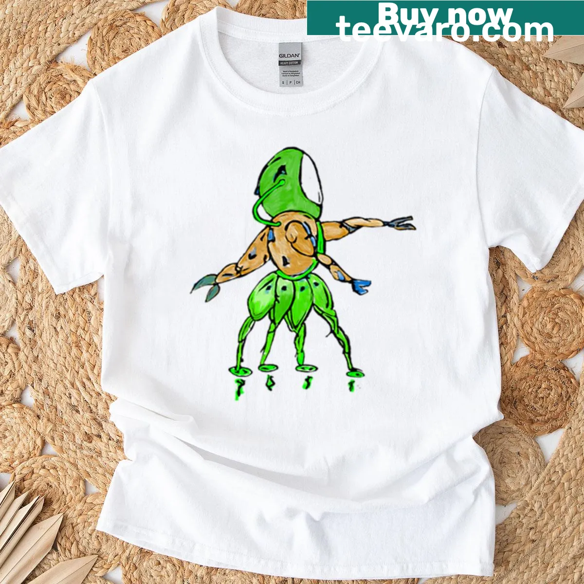 Playful graphic of Saturn and cosmic characters on t-shirt — on a men's t-shirt