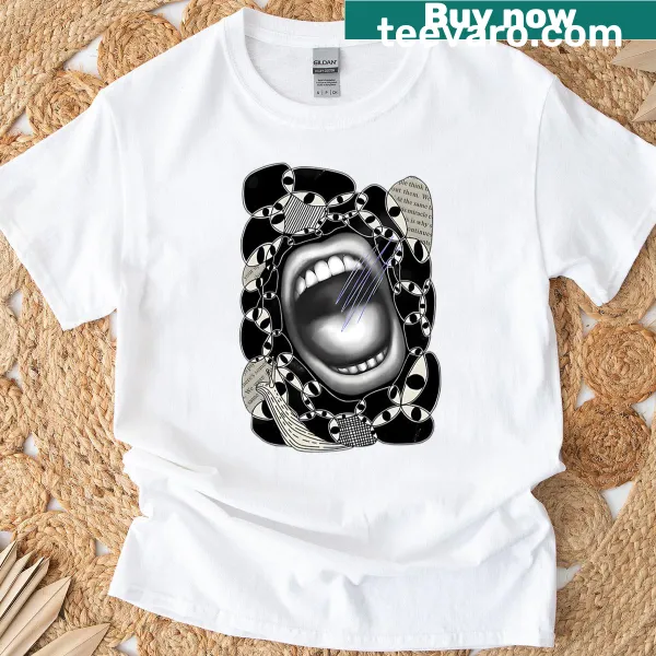 T-shirt featuring an illustration of a screaming mouth in music theme