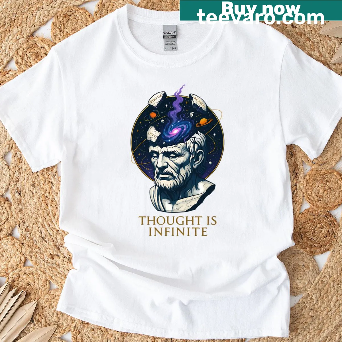 Marble bust of Seneca surrounded by a cosmic galaxy design — on a men's t-shirt
