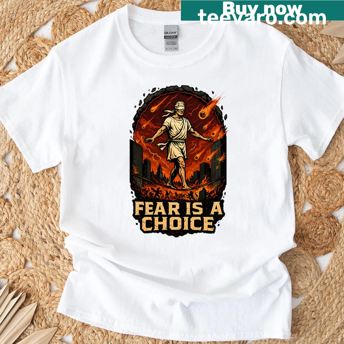 Philosopher tightrope t-shirt with artistic chaos graphic — on a men's t-shirt