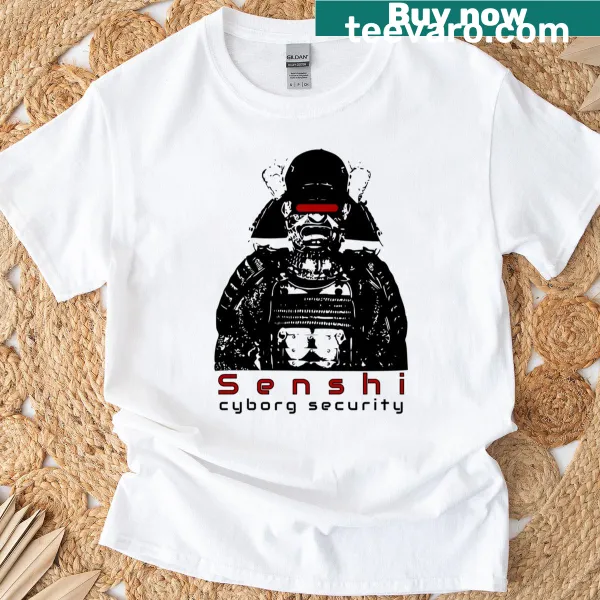 Cyborg security themed graphic T-shirt with edgy typography