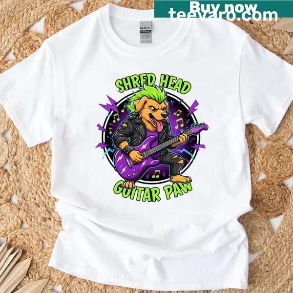 Dog paw over a guitar graphic with playful punk metal theme