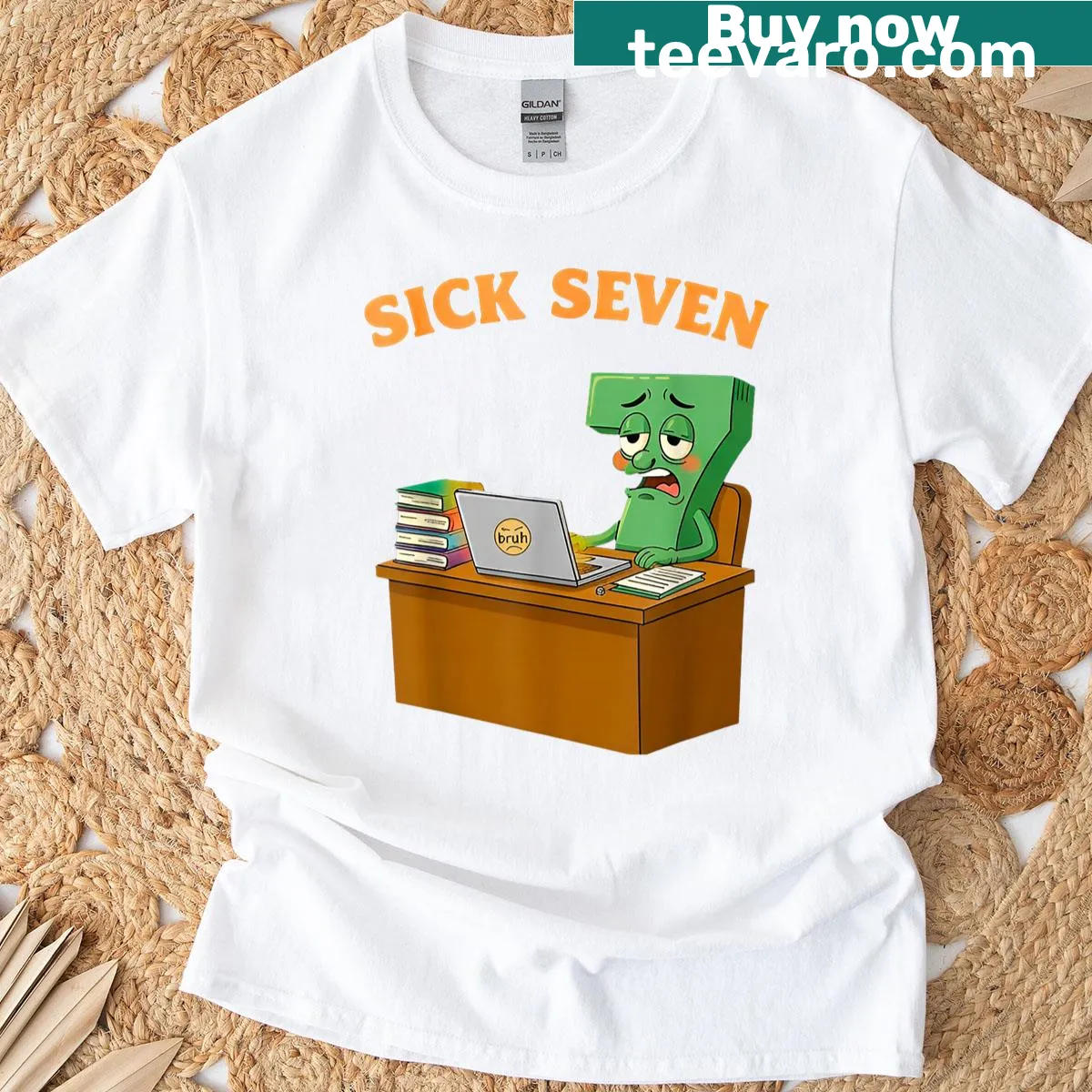 Funny Halloween meme t-shirt with 'Sick Seven' text — on a men's t-shirt