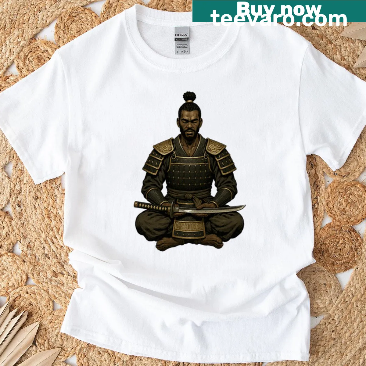 Illustrated African samurai meditating design on T-shirt — on a men's t-shirt