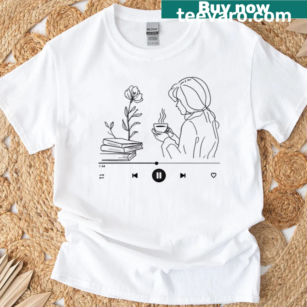Minimalist Simple Girl t-shirt with line-art music player design — on a men's t-shirt