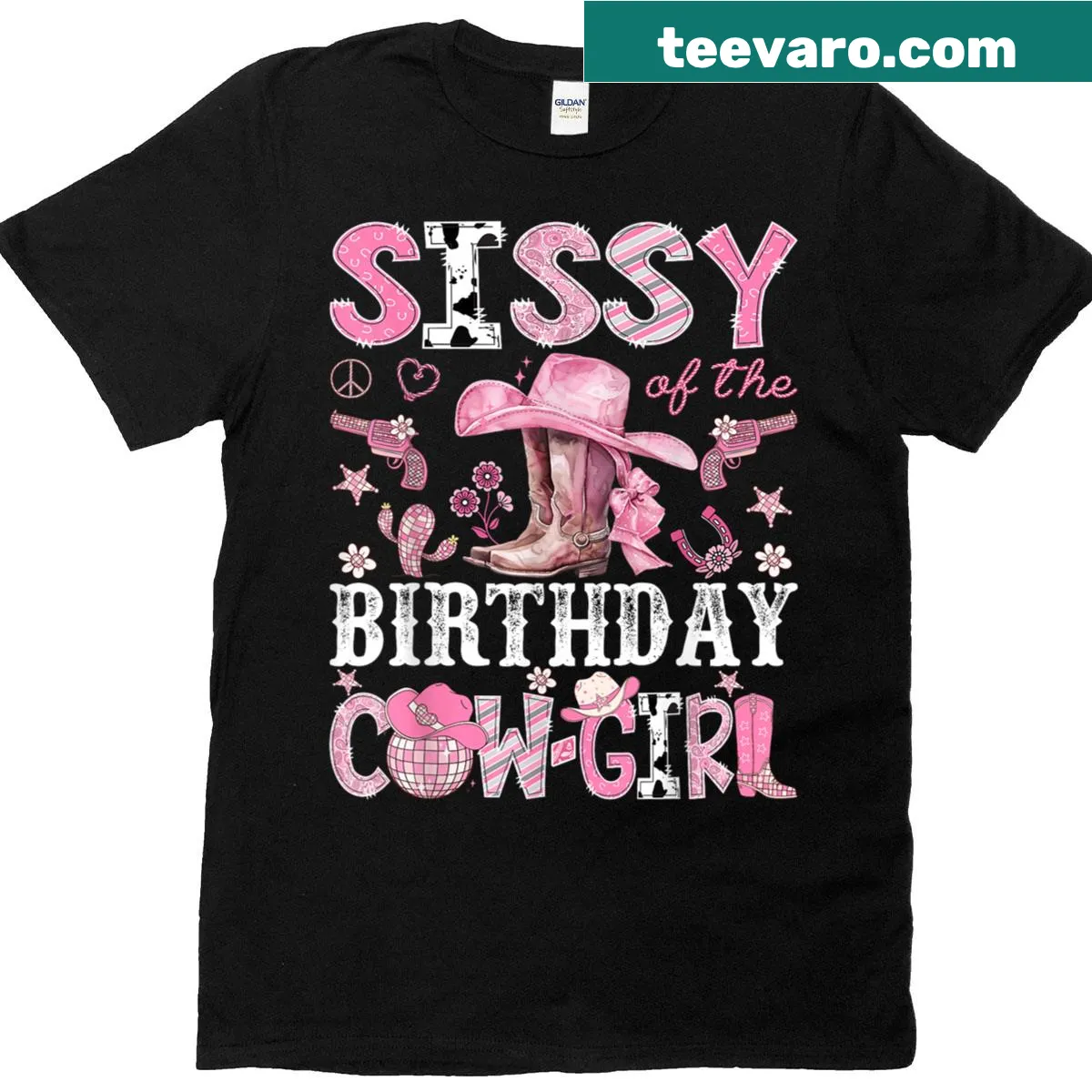 Cartoon graphic of a birthday cowgirl in a disco style — on a men's t-shirt