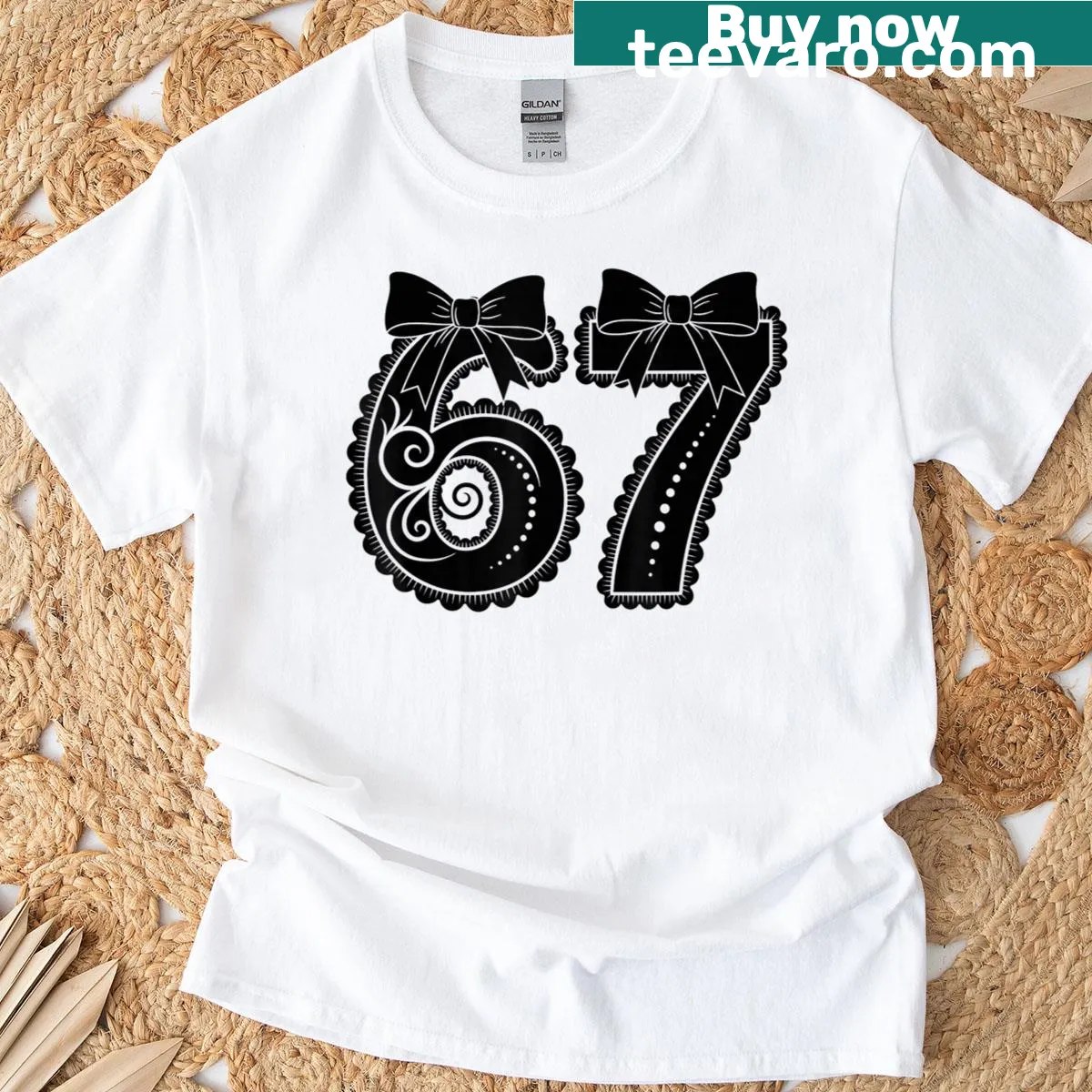 Meme-inspired t-shirt with 'Six Seven 67' and a cute bow design — on a men's t-shirt
