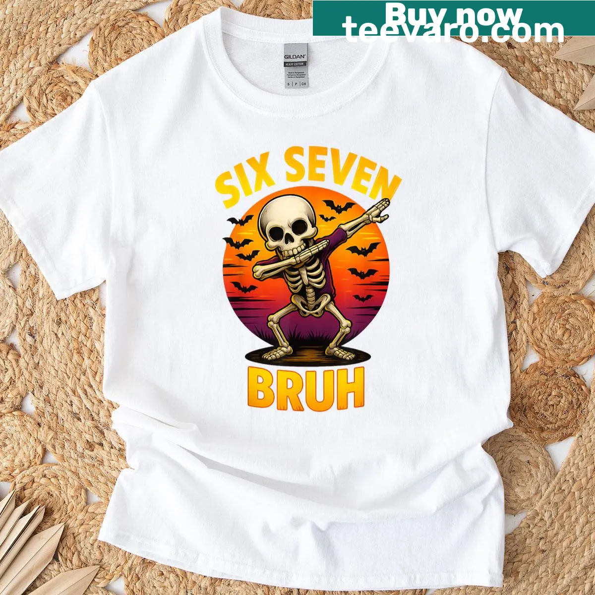 Cartoon skeleton dabbing design for Halloween T-shirt — on a men's t-shirt