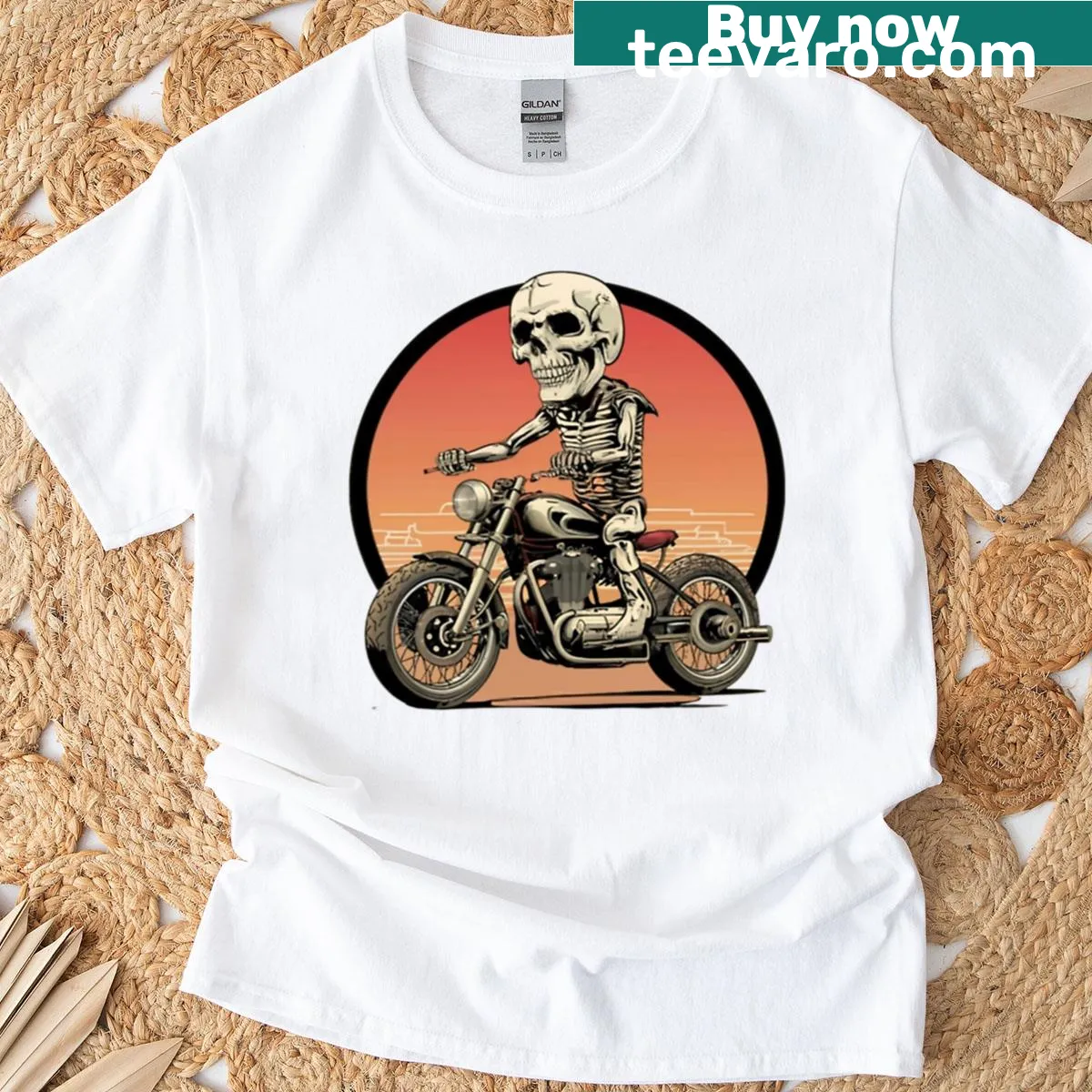 Edgy T-shirt featuring a skeleton riding a motorcycle. — on a men's t-shirt