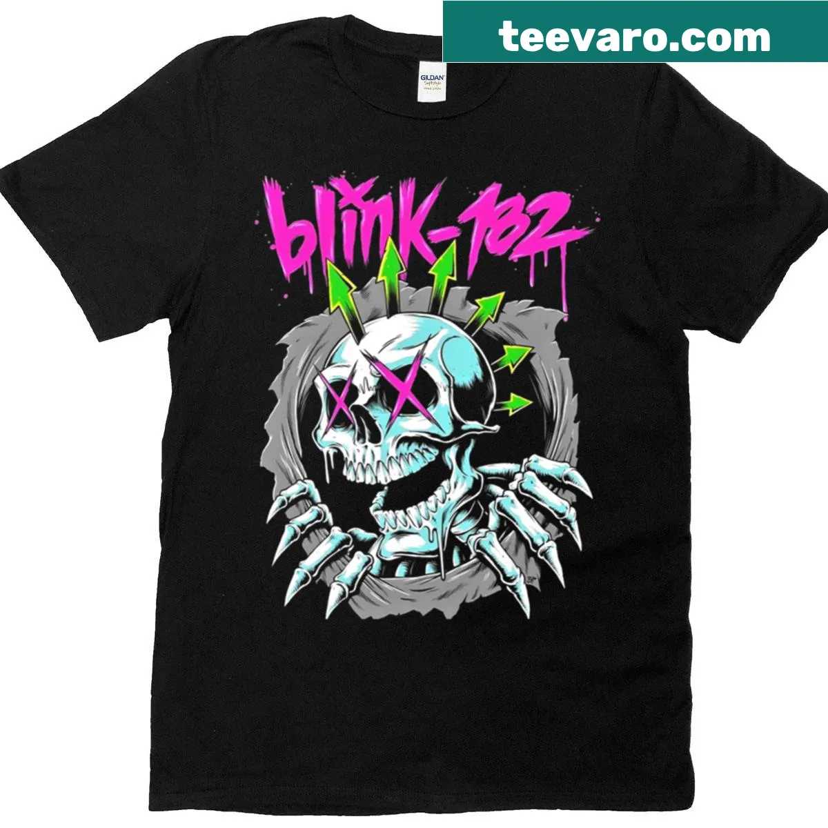 Skull graphic T-shirt inspired by Blink 182 — on a men's t-shirt