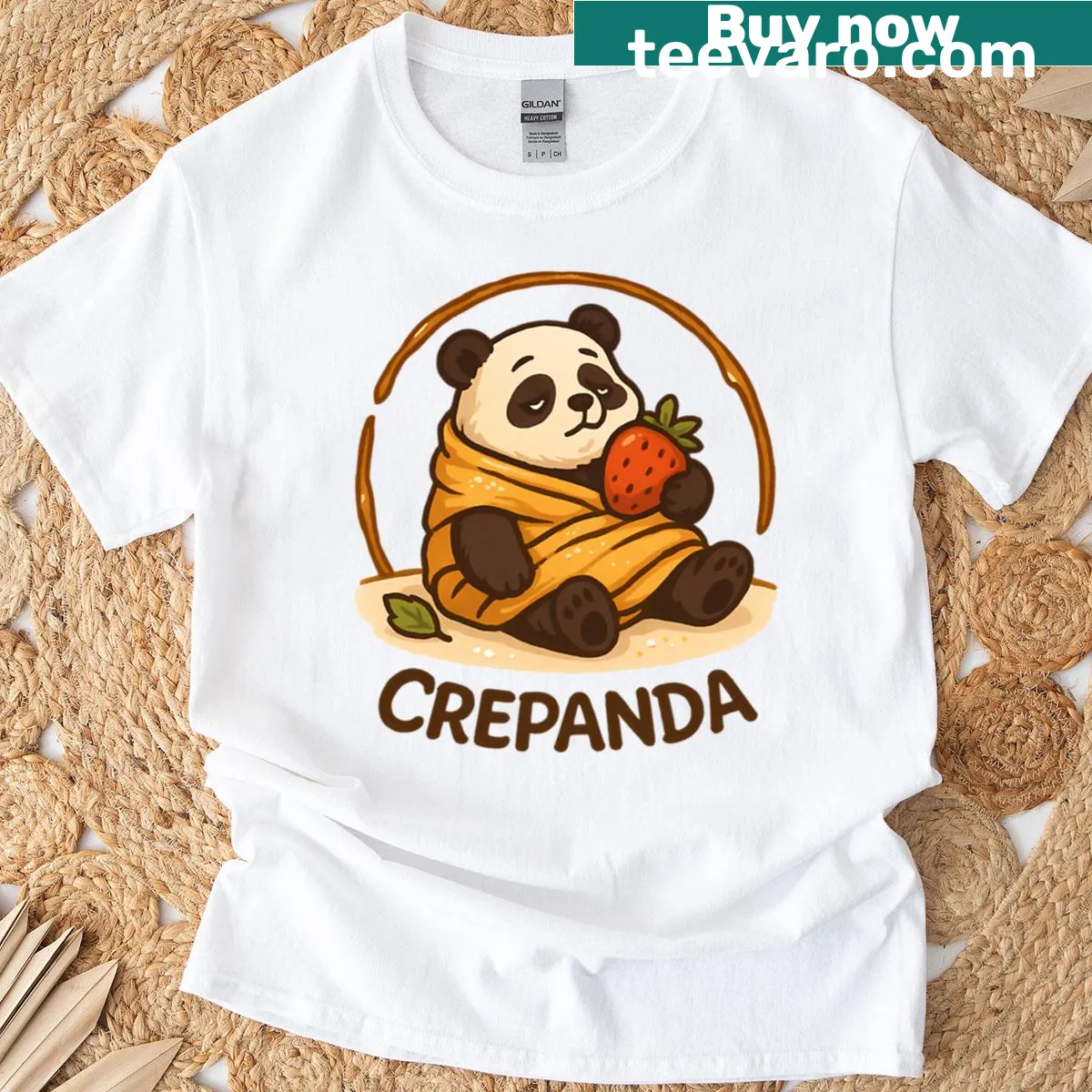 Cute t-shirt featuring a sleepy panda with a crepe dessert — on a men's t-shirt
