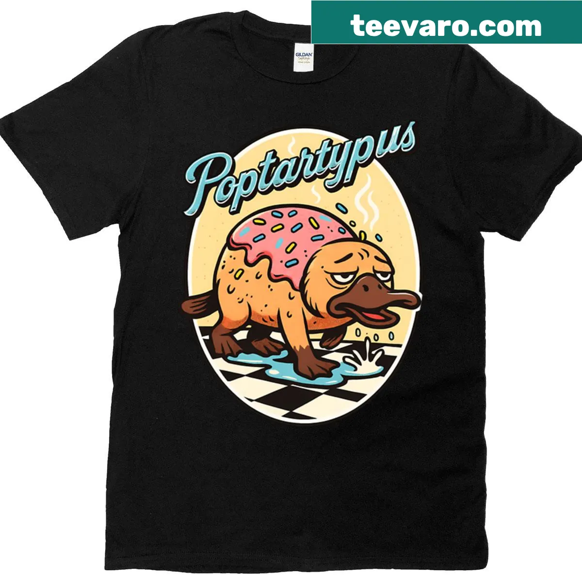 Retro T-shirt featuring a sleepy platypus with Pop Tarts — on a men's t-shirt