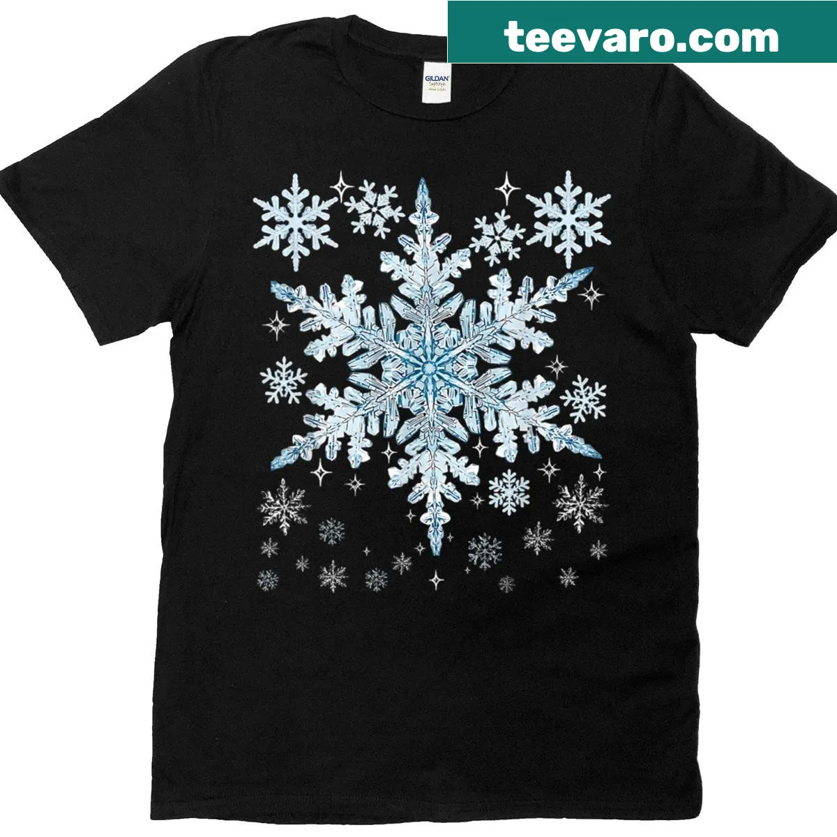 Playful snowflake costume graphic for family matching T-shirts — on a men's t-shirt