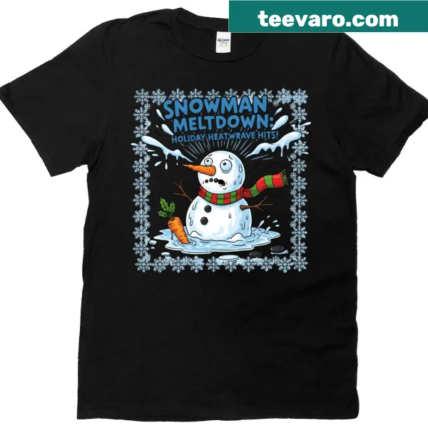 Cartoon snowman graphic humorously melting on a T-shirt