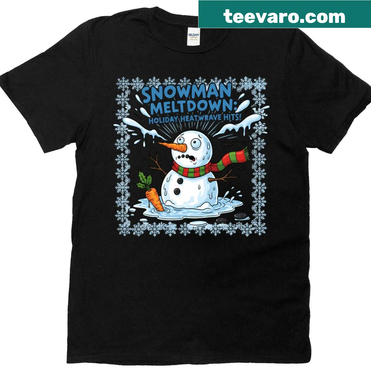 Cartoon snowman graphic humorously melting on a T-shirt — on a men's t-shirt
