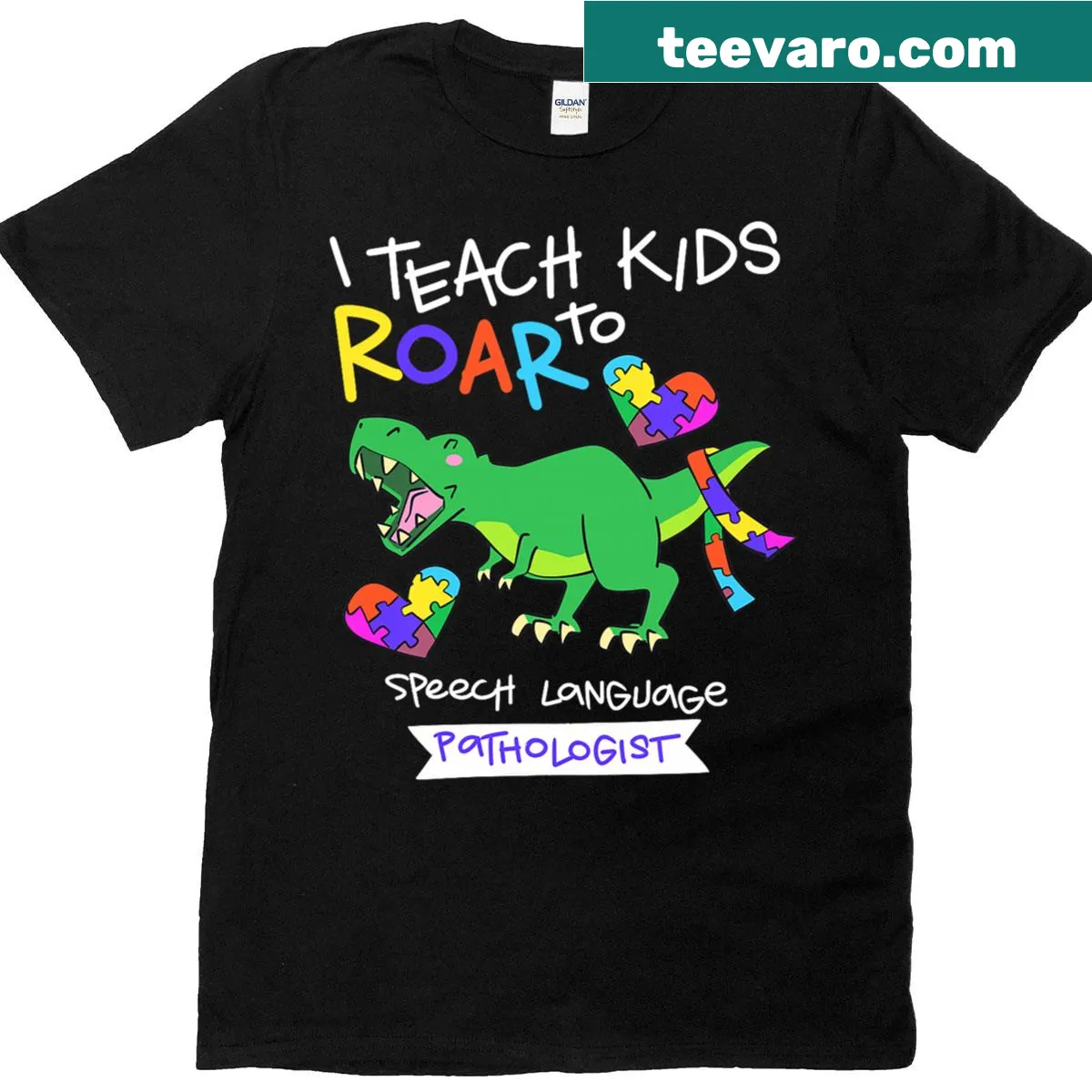 Cartoon T-rex graphic T-shirt for speech-language pathologists — on a men's t-shirt