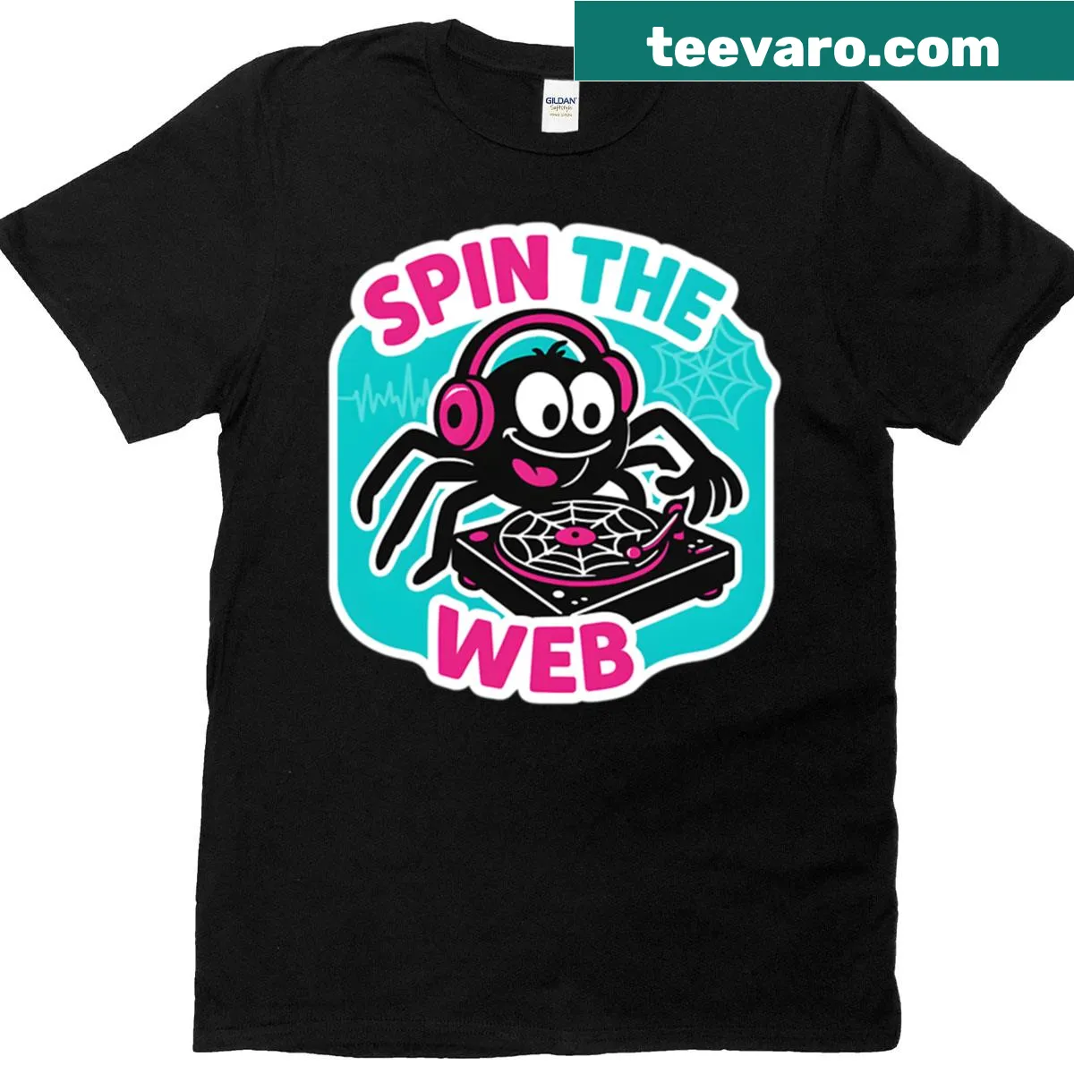 Cartoon DJ Spider on turntables graphic T-shirt — on a men's t-shirt