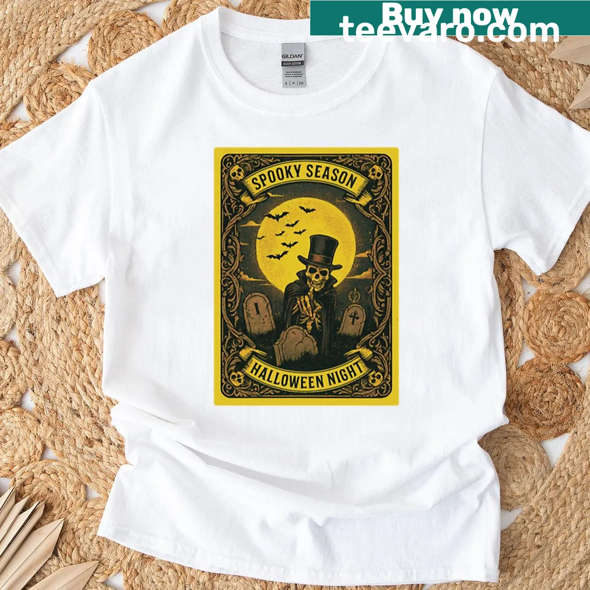 Halloween-themed t-shirt with spooky seasonal design — on a men's t-shirt