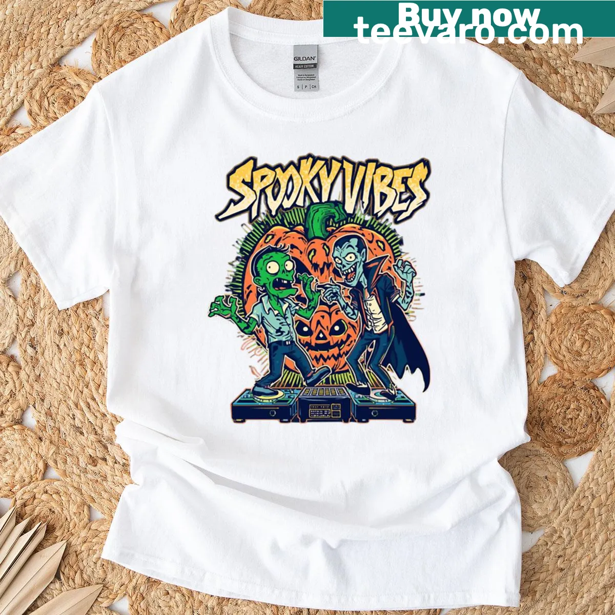 Retro Halloween T-shirt featuring a dancing vampire and zombie — on a men's t-shirt