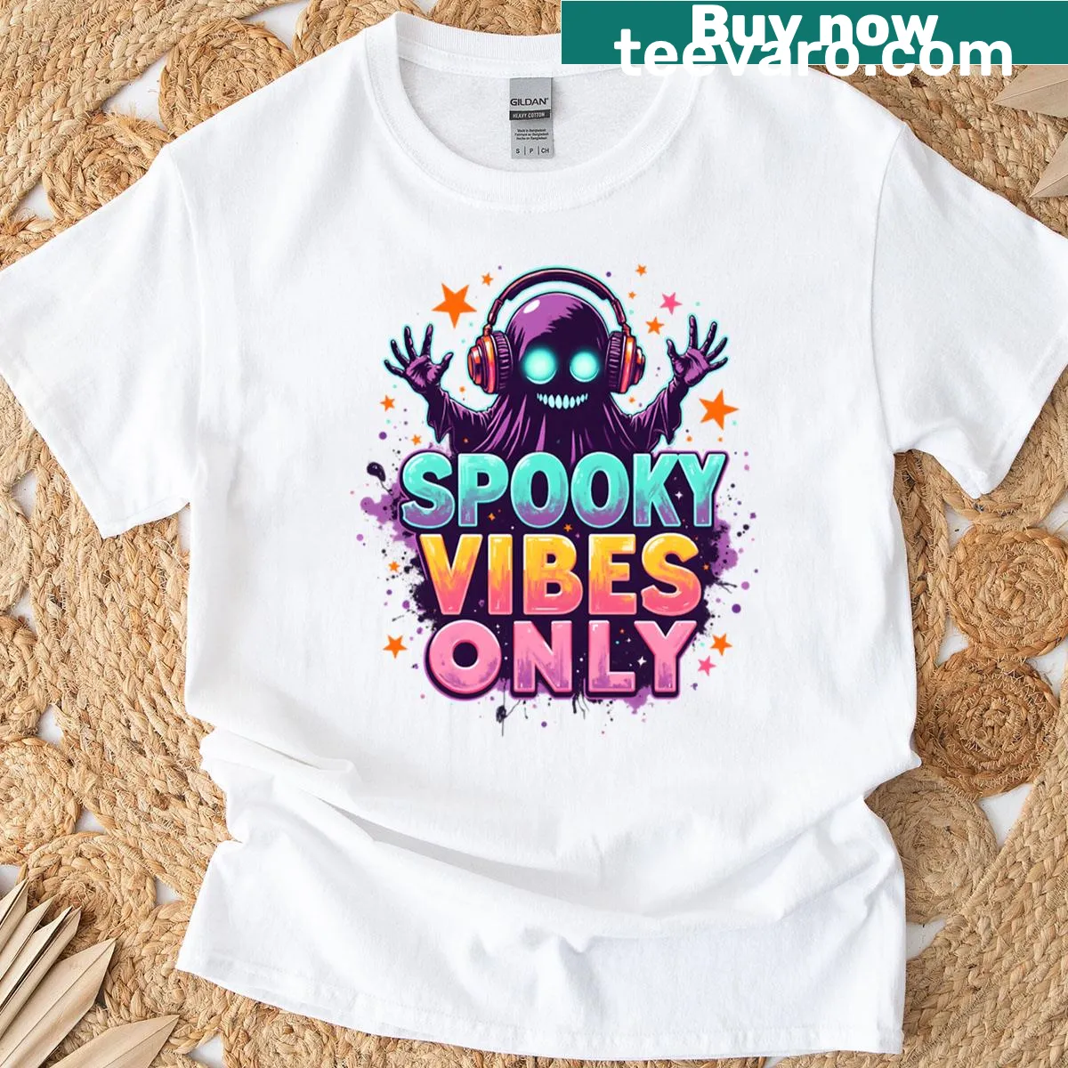Retro Halloween t-shirt with ghost and music design — on a men's t-shirt