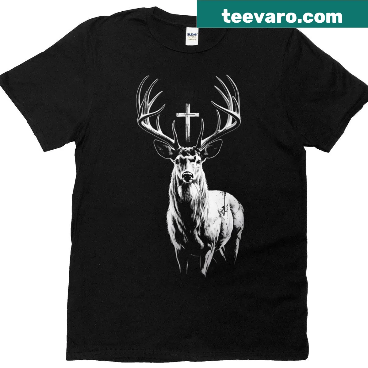 Vintage design of a deer representing Saint Hubertus on a T-shirt — on a men's t-shirt
