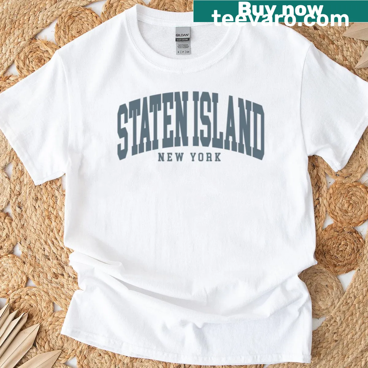 Curved typography T-shirt representing Staten Island NY — on a men's t-shirt