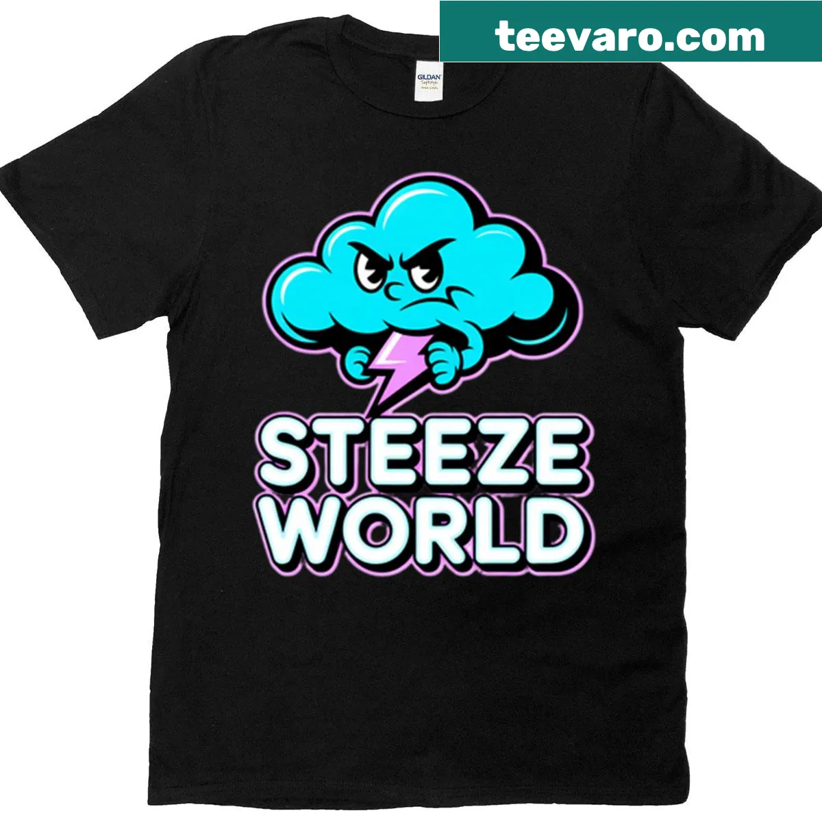 T-shirt featuring a whimsical dark cloud character illustration — on a men's t-shirt