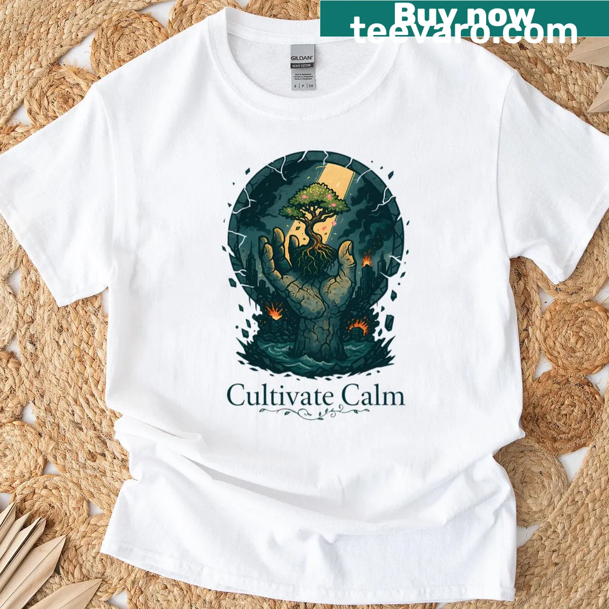 Bonsai tree in a stone hand illustration on a T-shirt — on a men's t-shirt