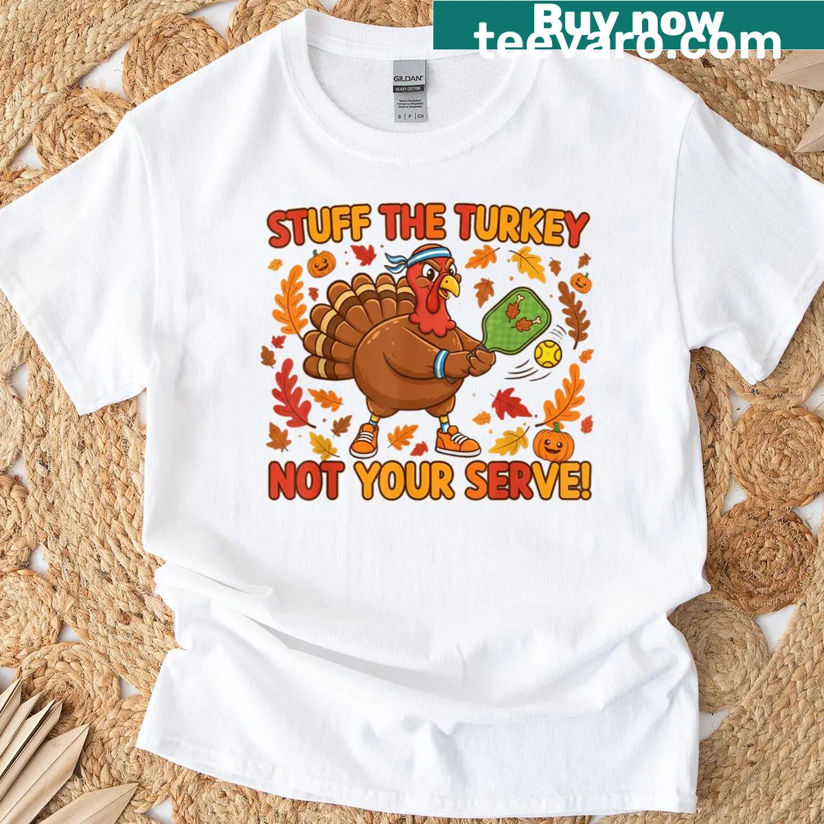 Funny Thanksgiving T-shirt featuring turkey and pickleball graphic — on a men's t-shirt