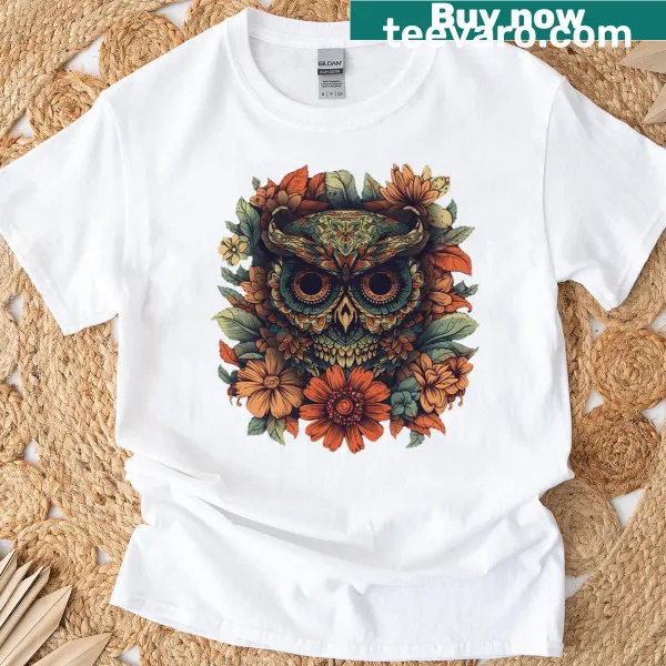 Sugar skull owl T-shirt design celebrating Day of the Dead with floral art