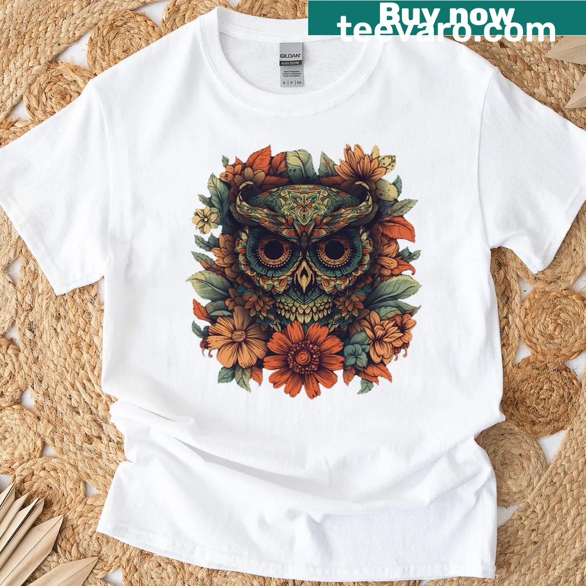 Sugar skull owl T-shirt design celebrating Day of the Dead with floral art — on a men's t-shirt