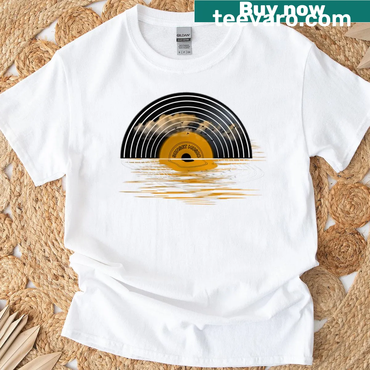 T-shirt featuring a sunset design with musical elements — on a men's t-shirt