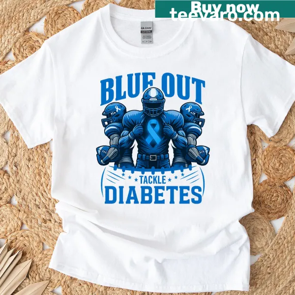 Blue ribbon football design on shirt for diabetes awareness