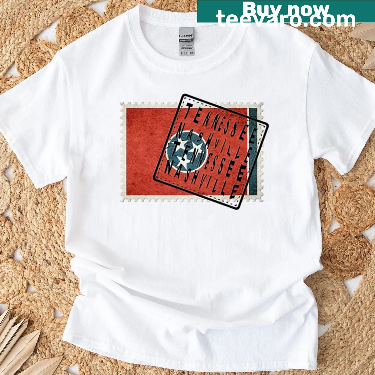 Tennessee flag and Nashville postmark badge design T-shirt — on a men's t-shirt