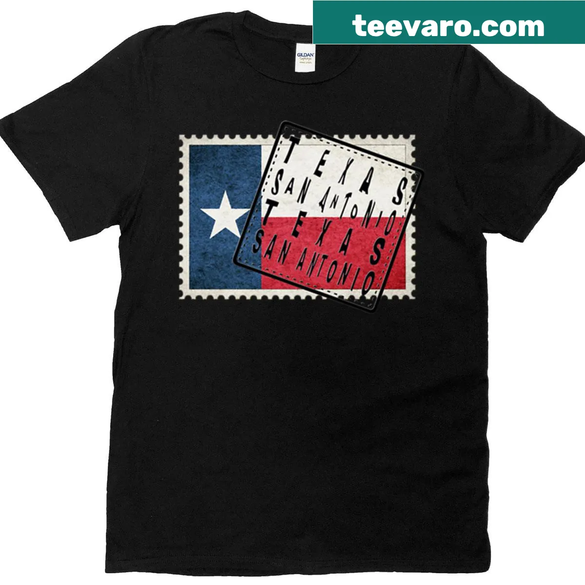 Texas flag stamp design with San Antonio postmark on a t-shirt — on a men's t-shirt