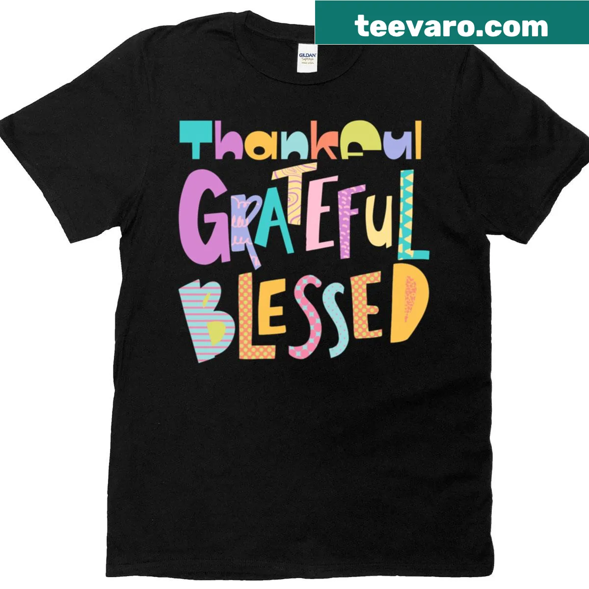 T-shirt with modern typography saying Thankful Grateful Blessed — on a men's t-shirt