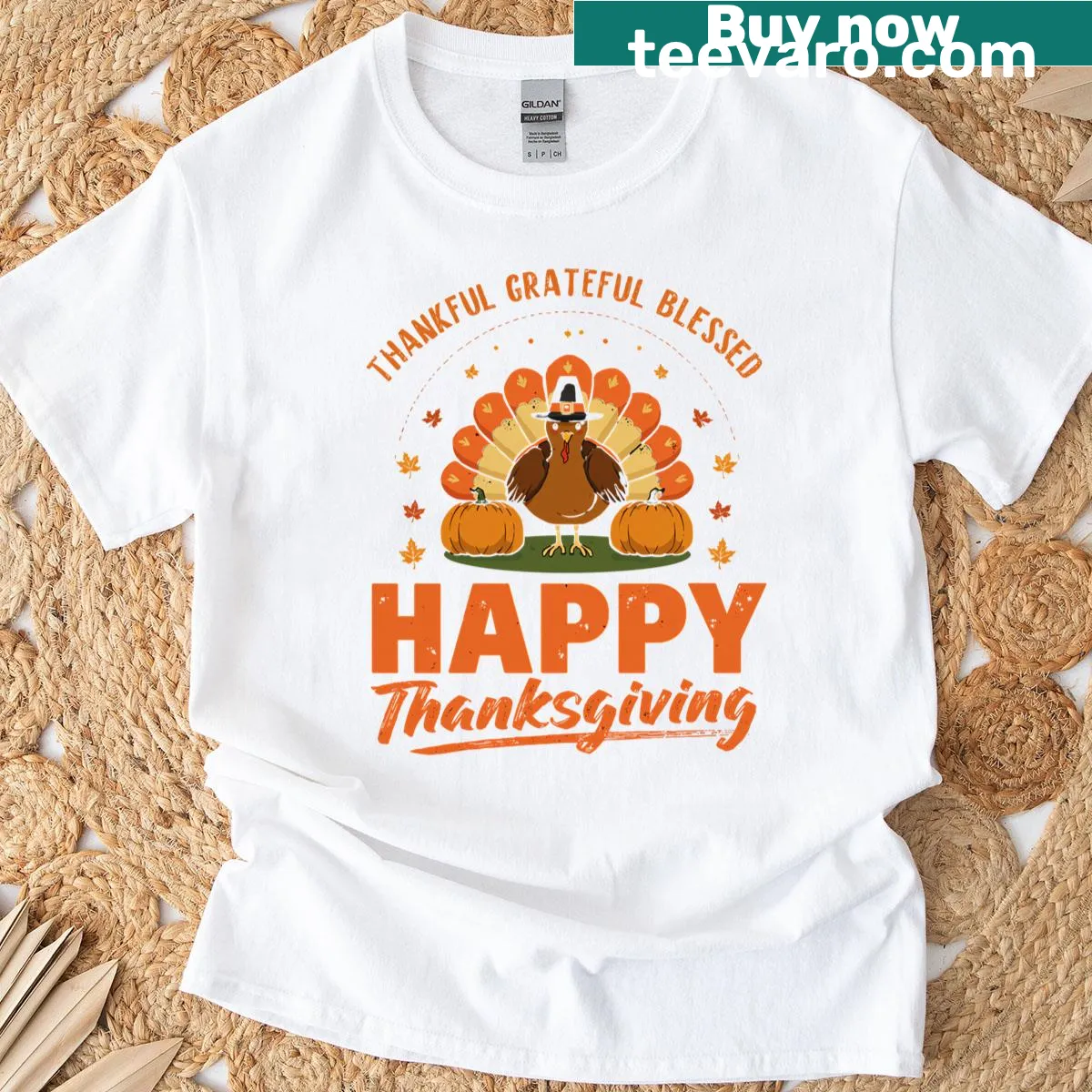 Cartoon turkey design with thankful message for Thanksgiving t-shirt — on a men's t-shirt