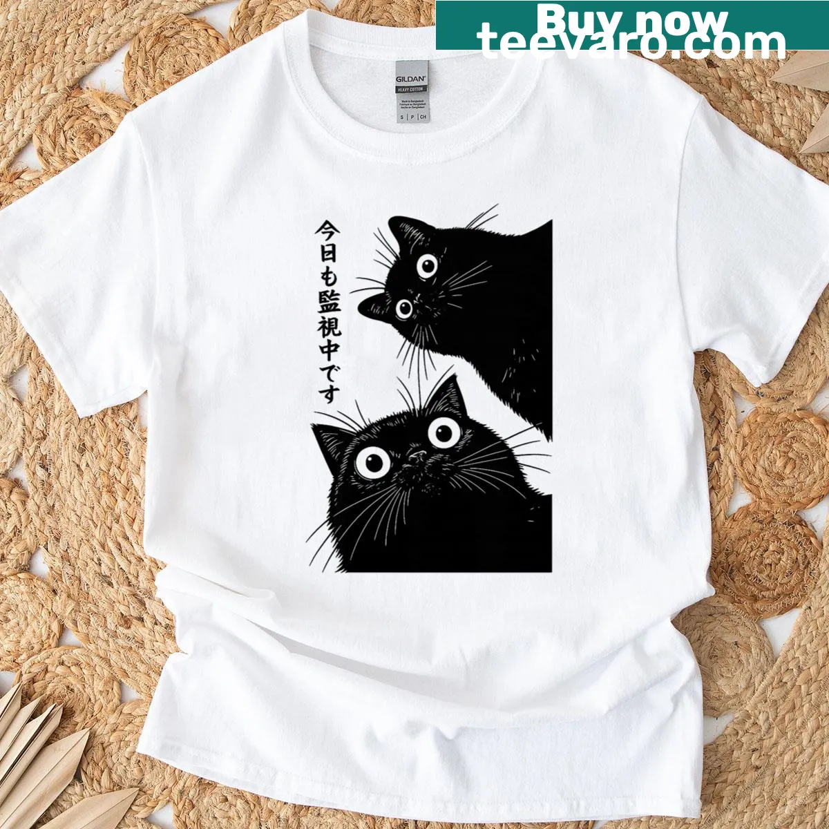 Funny black cat t-shirt with 'The Cat Is Watching Today' text — on a men's t-shirt