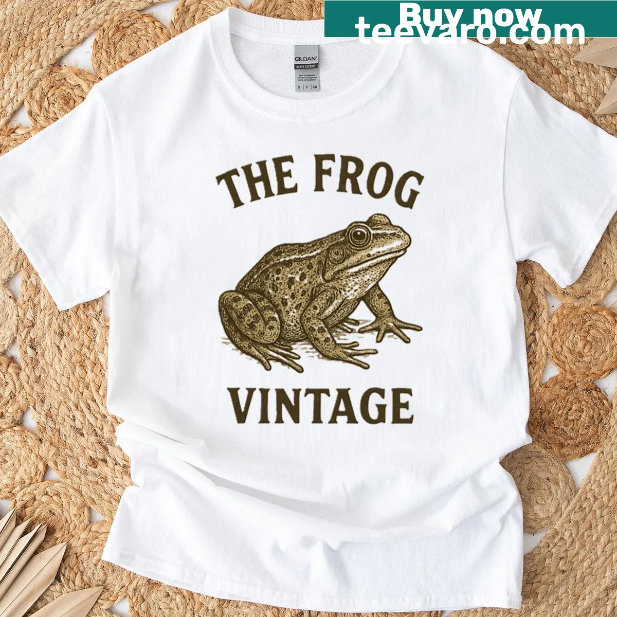 Vintage nature T-shirt featuring a charming frog illustration — on a men's t-shirt