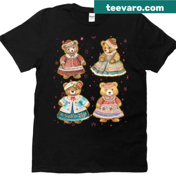 Illustration of teddy bears in holiday attire on a T-shirt.