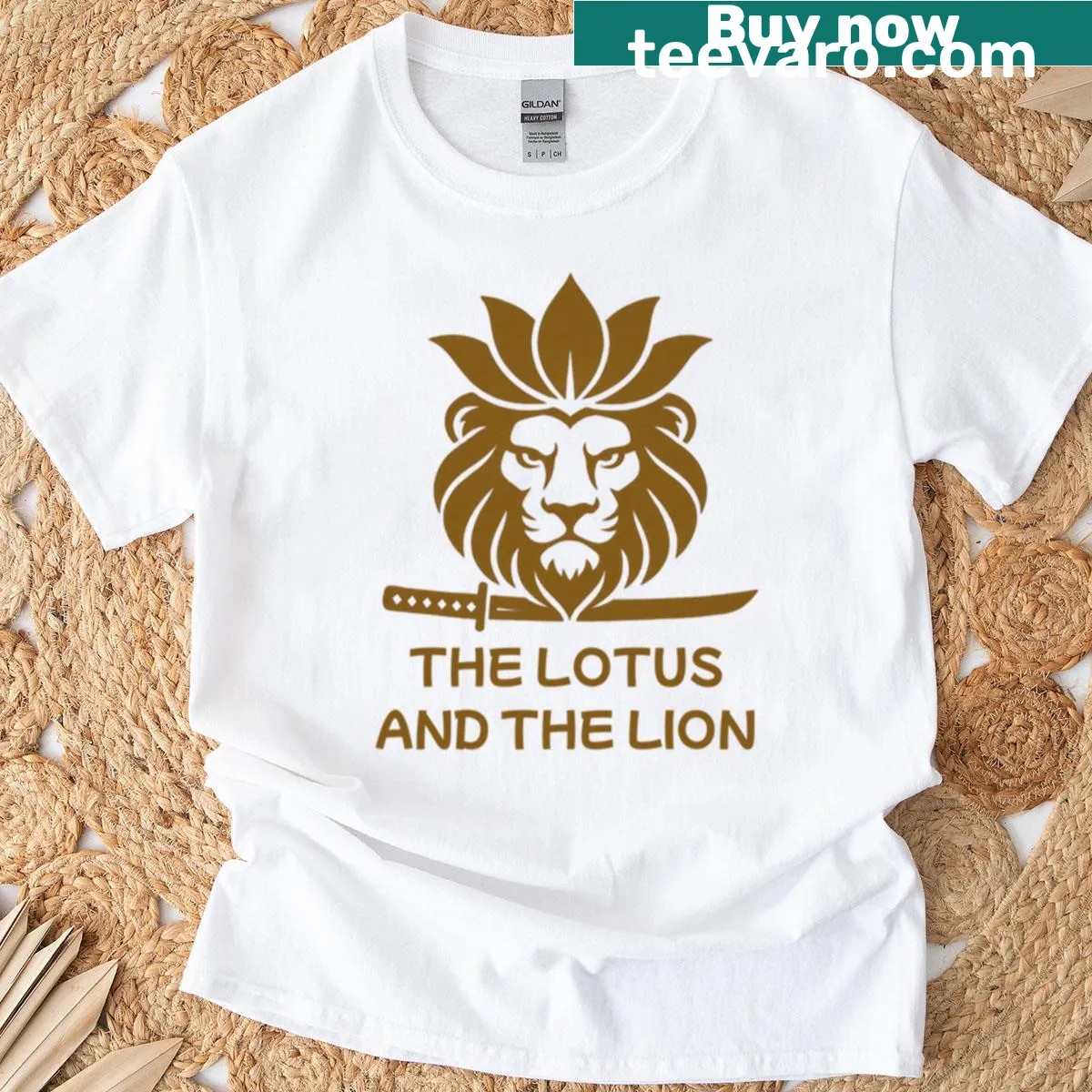 Illustrative t-shirt featuring lotus and lion symbols of strength — on a men's t-shirt