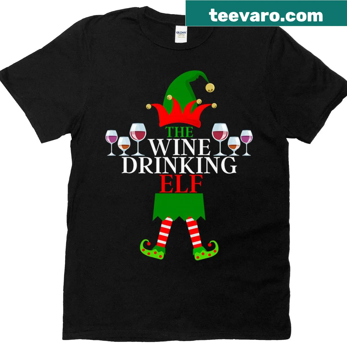 Funny elf T-shirt with wine illustration for family gatherings — on a men's t-shirt