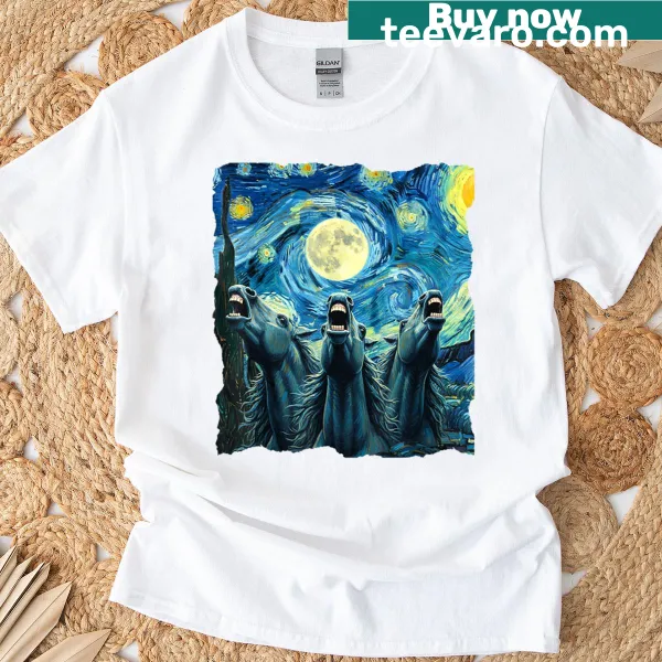 Illustration of three horses under a starry night sky