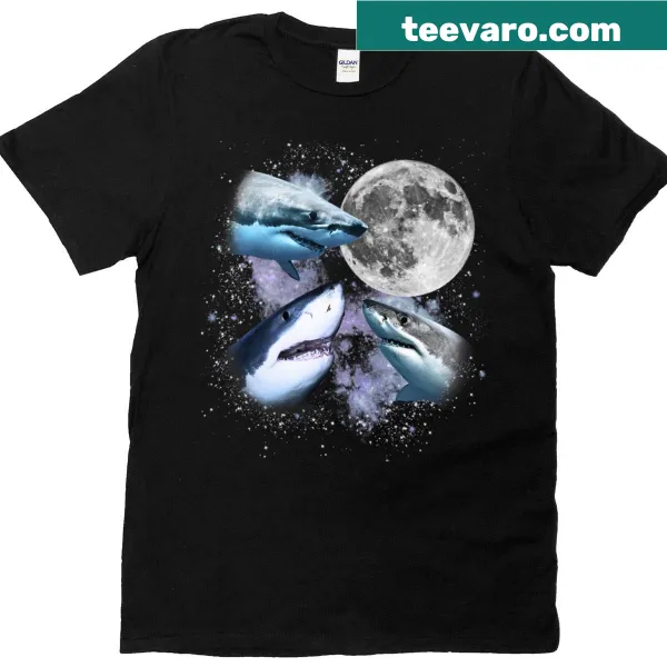 Vintage graphic tee featuring three sharks and a moon