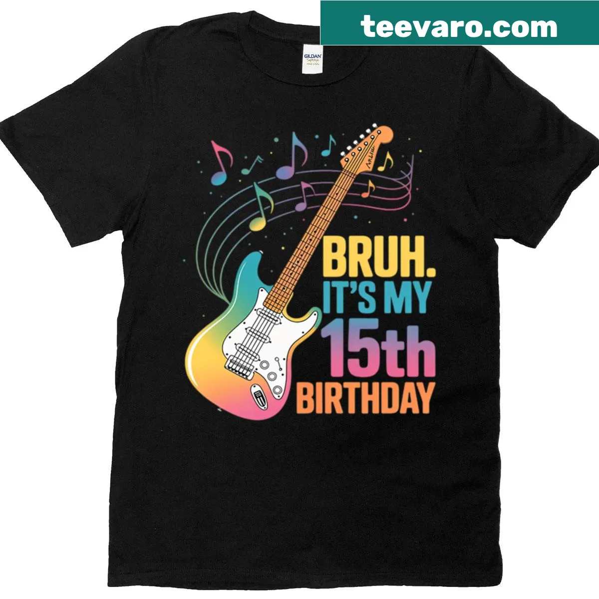 T-shirt with playful typography saying 'Bruh It’s My 15th Birthday' and a guitar graphic — on a men's t-shirt
