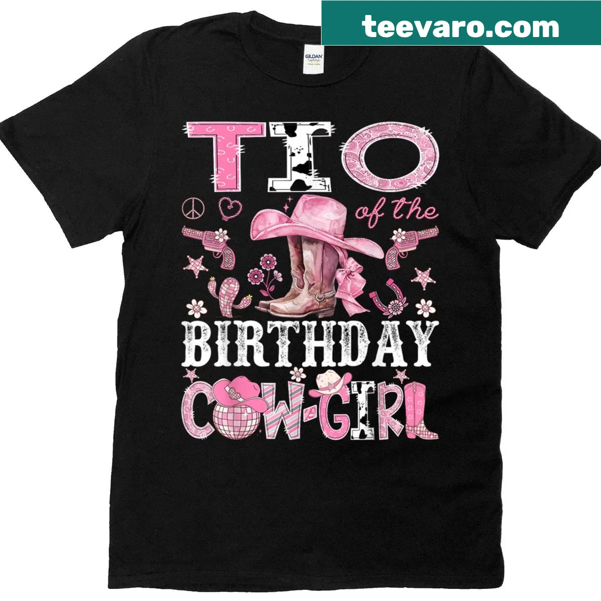 Illustrative cowgirl design celebrating birthday rodeo theme — on a men's t-shirt