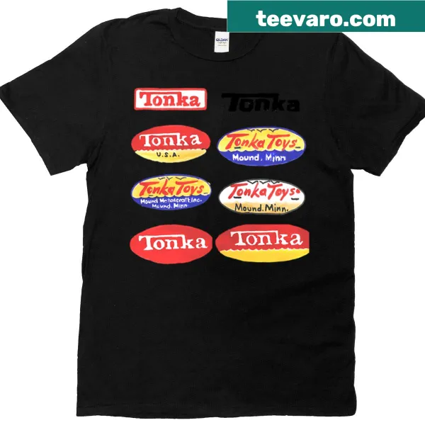 Illustrative T-shirt featuring Tonka truck logos and designs